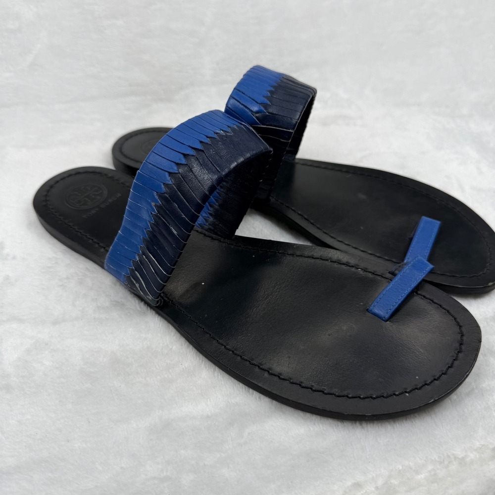 Tory Burch Blue Woven Leather‎ Toe Ring Slide Flat Sandals Womens 8.5 Estimated